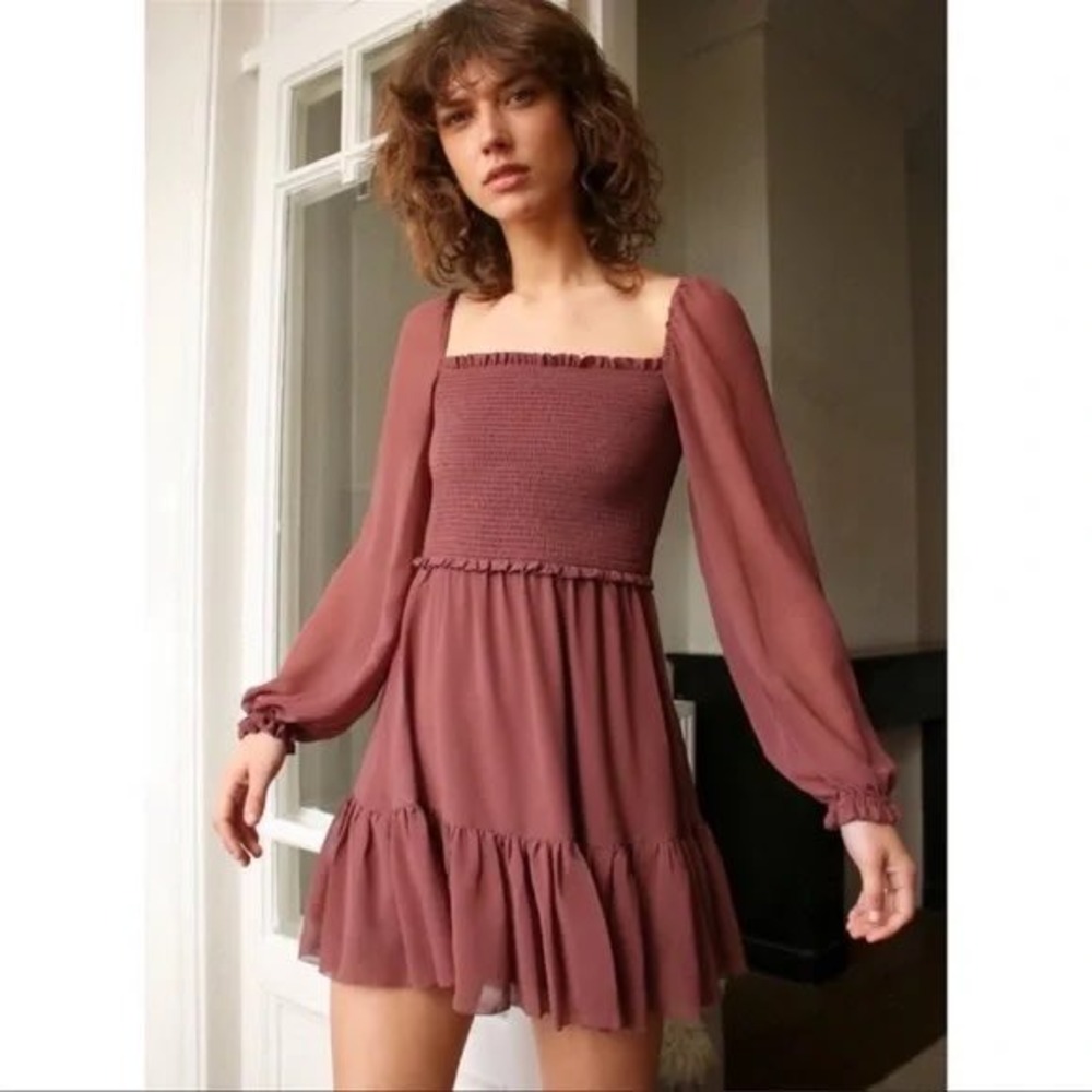 Wilfred Dress XXS Temptress Mini Dress Long Sleeve Chiffon Brown‎ Rust